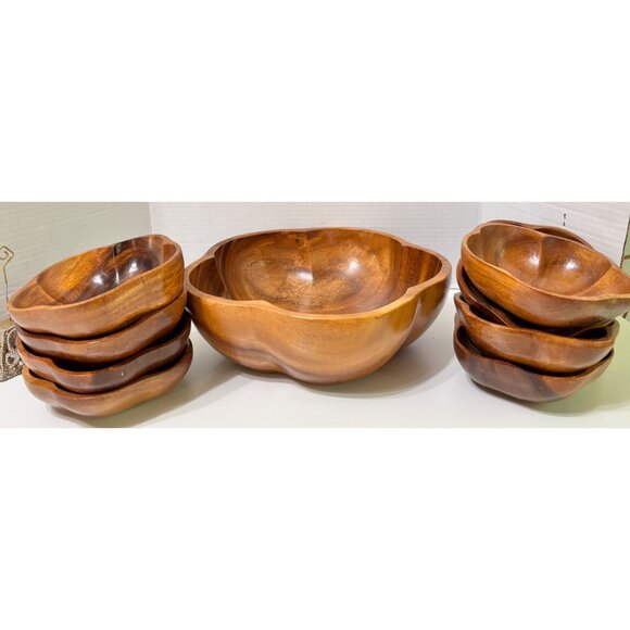 9 Piece Monkey Pod Wood Salad Serving Bowl Set Mid Century Scalloped - Picture 2 of 11